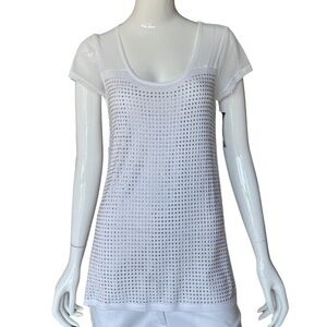 INC International Concepts White Tee W/Silver Grommets & Sheer Sleeves Sz M NWT